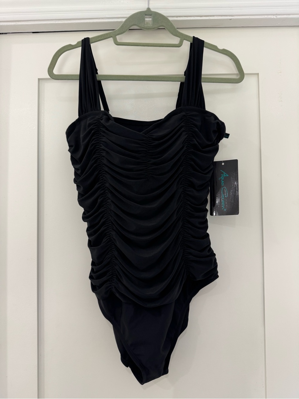 Aqua Green Black Ruched One-Piece Swimsuit with Wide Straps